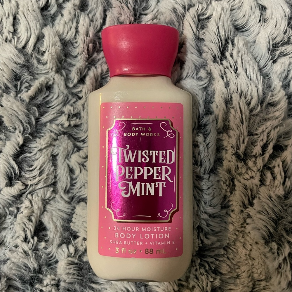 twisted pepper mint body lotion, from bath and body works.